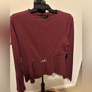 burgundy long-sleeve peplum blouse Top with Waist Accent. Size Large. NWT